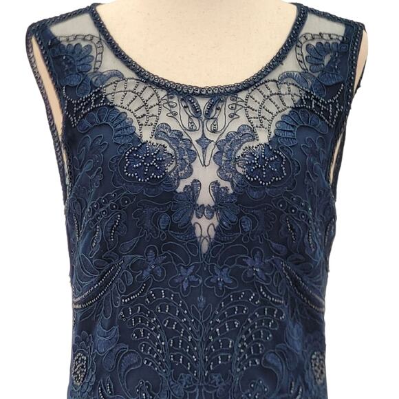 NWT Women's Navy Blue Scoop Neck Short Dress with Beautiful Detailed Overlay - Picture 4 of 6